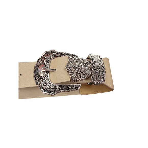 VTG Beige floral double buckle silver plated stretch wms belt SKU 9915 main image 4